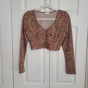 Brown Patterned V-Neck Women's Top